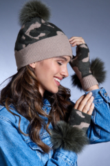Khaki and Beige Knitted Camouflage Hat with Lurex Thread and Fox Pom