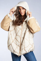 Cream Nylon Parka with Camel Shearling Sleeves and Trim